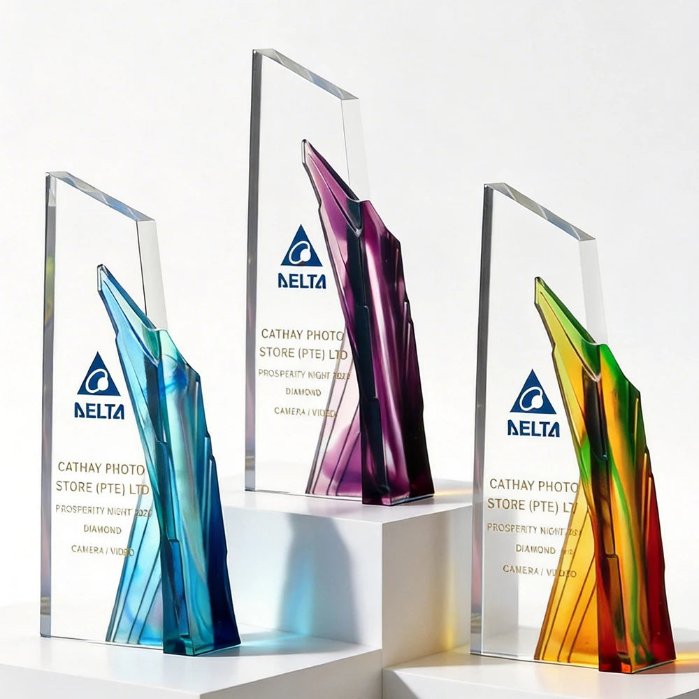 Jadevertu Eco-Friendly Custom Design Laser Engraved Colored Glaze Crystal Trophy Prize Award Etching Text Souvenir Gift