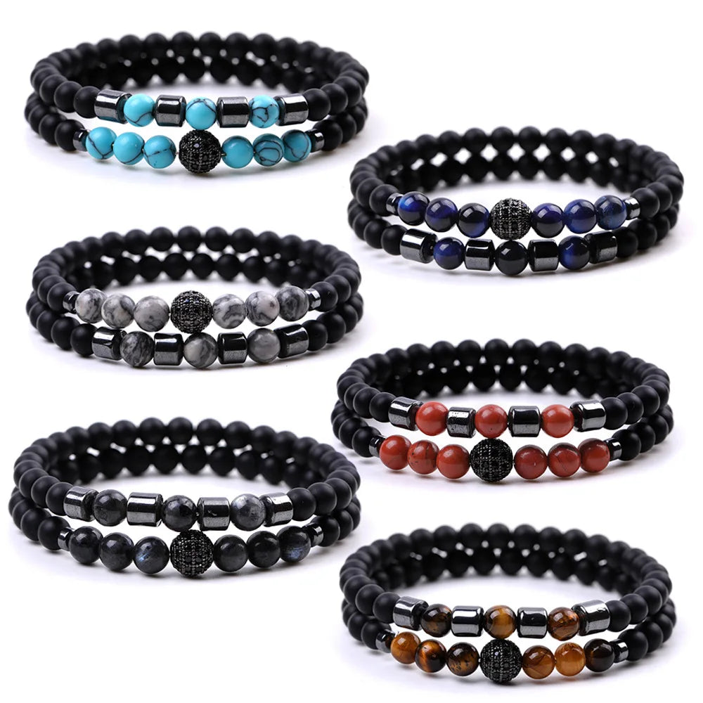 New 2pcs/Set Black Paved Ball 6mm Natural Gemstone Bracelet for Women and Men Gold Plated Christian Religious Symbol