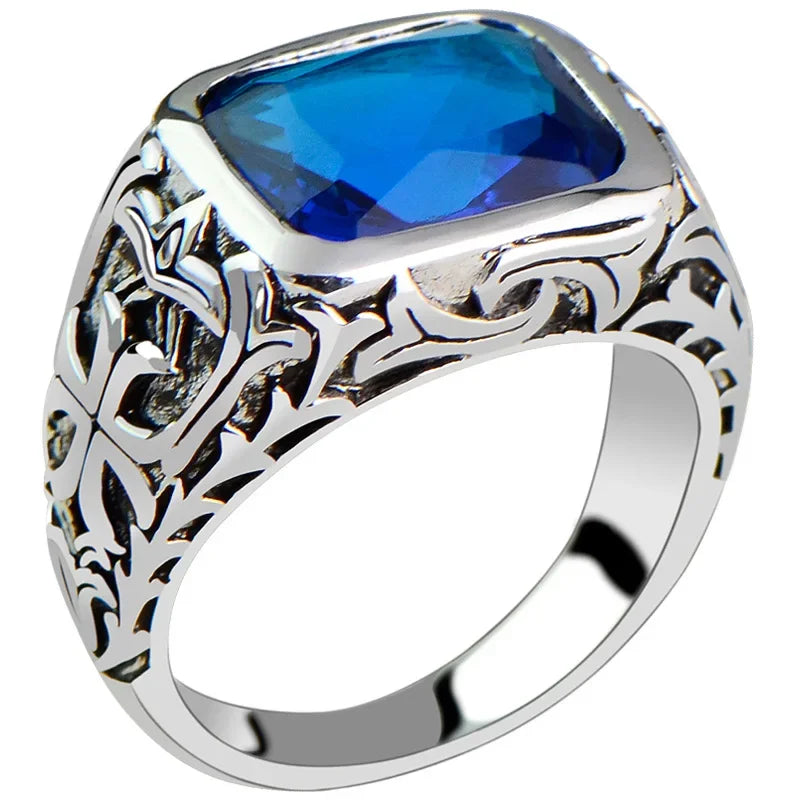 BOCAI Men's Retro Vintage Ring S925 Silver with Black Onyx/Blue Zircon Cross Pattern Trendy Totem Pearl As Main Stone