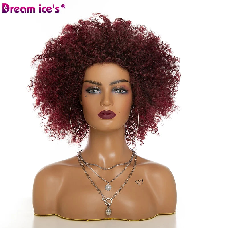 DREAM.ICE'S Wholesale Mixed Black Burg Curly Wig Heat Resistant Synthetic Hair Replacement Afro Curly with Bangs for Black Women