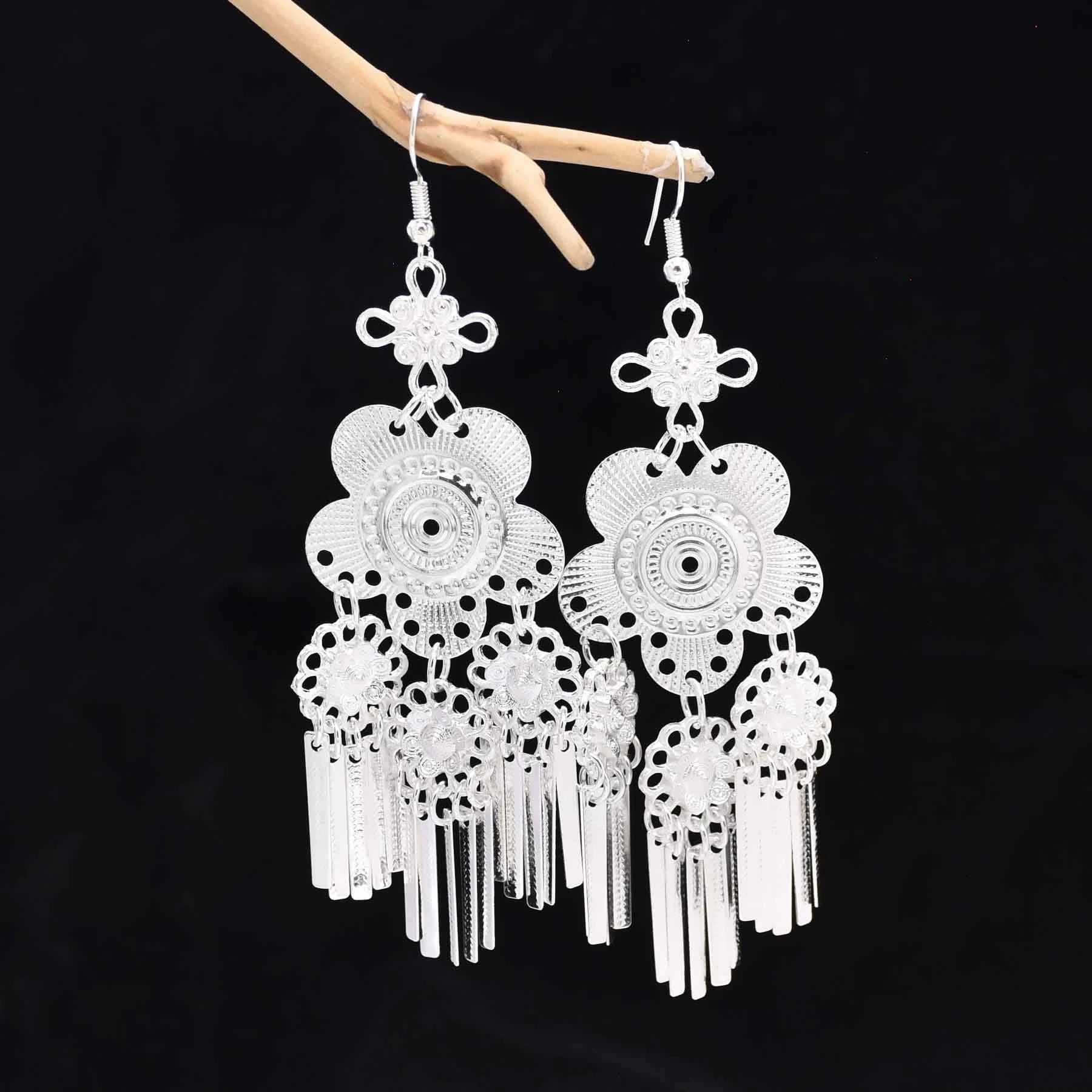 4 Styles Silver Women Drop Earrings Carved Flower Ethnic Statement Tassel Earrings