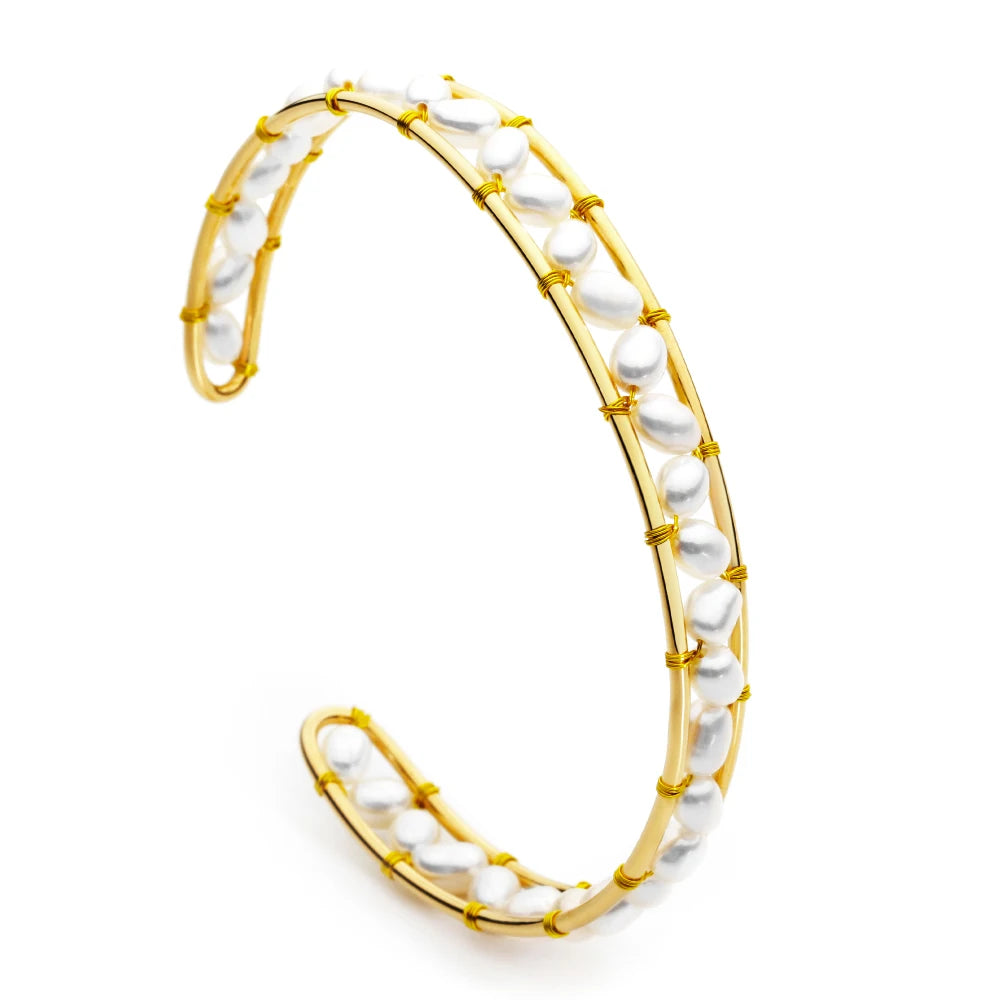 Handmade Natural Pearls Cuff Bangles for Women Accessories Gold Color Bracelets Fashion Jewelry Friends Gifts Pulseira