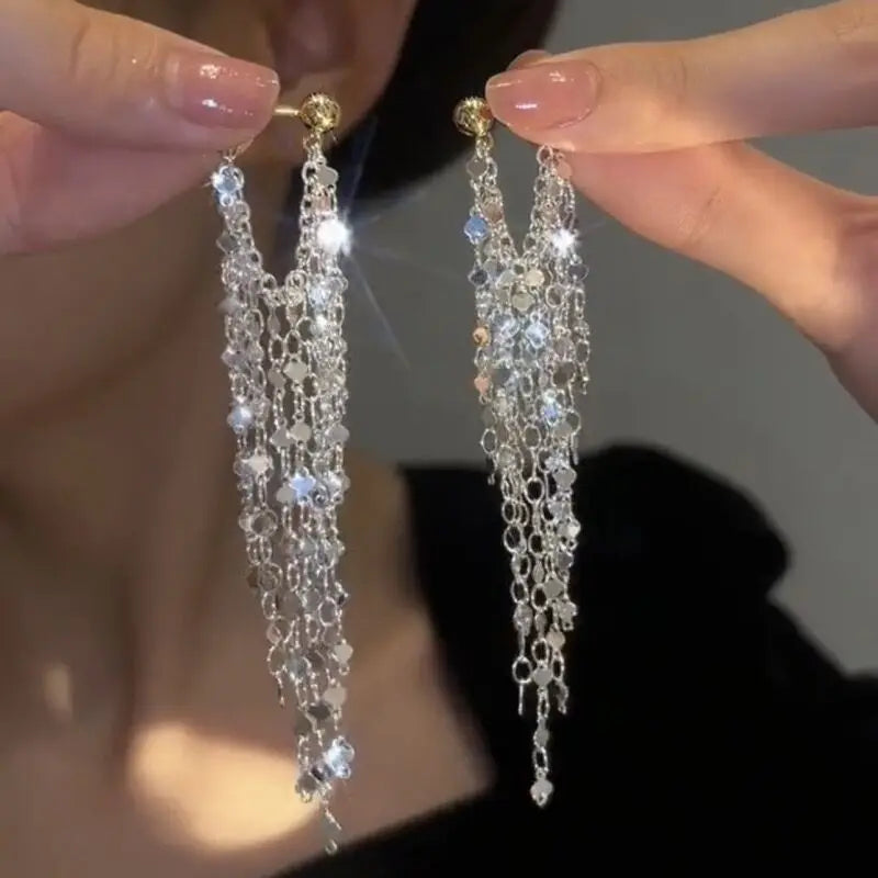 Luxury Elegant Shiny Glitter Chain Tassel Drop Earrings for Women Fashion Long Tassel Geometric Fringe Dangle Earrings