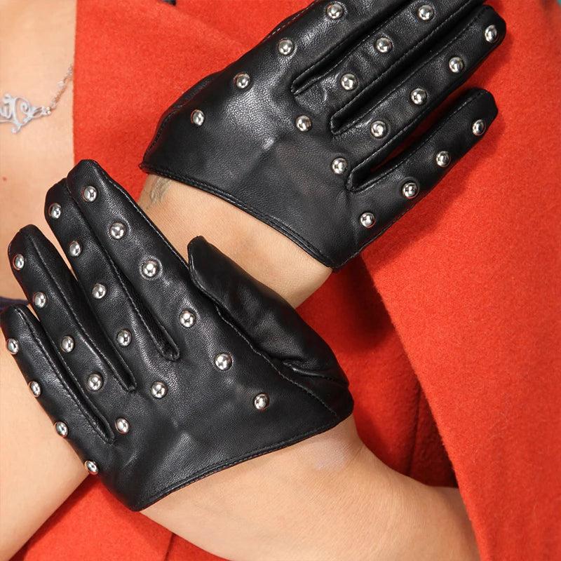 Modern Real Leather Women Rivet Motorcycle Hand Gloves