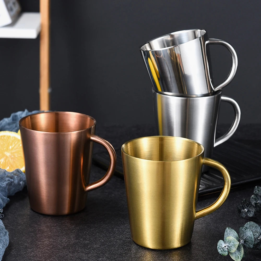 Gold Colour Beer Milk Travel Cup Double Wall Drinking Water Coffee Tea Cup Stainless Steel Handle Vacuum Cup