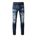 Men's Stacked Slim Fit Jeans Damaged Distressed Skinny Patchwork Patch Splatter Ripped Thin Wholesale Fashion Denim Pant 6905