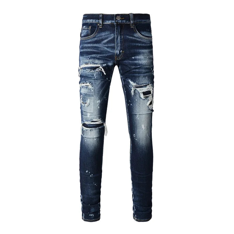 Men's Stacked Slim Fit Jeans Damaged Distressed Skinny Patchwork Patch Splatter Ripped Thin Wholesale Fashion Denim Pant 6905