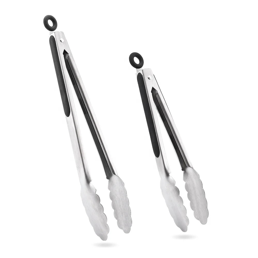 Set of 2 - 9" and 12" Non-Slip Grip Stainless Steel Cooking Tongs Locking Metal Kitchen Food Tongs