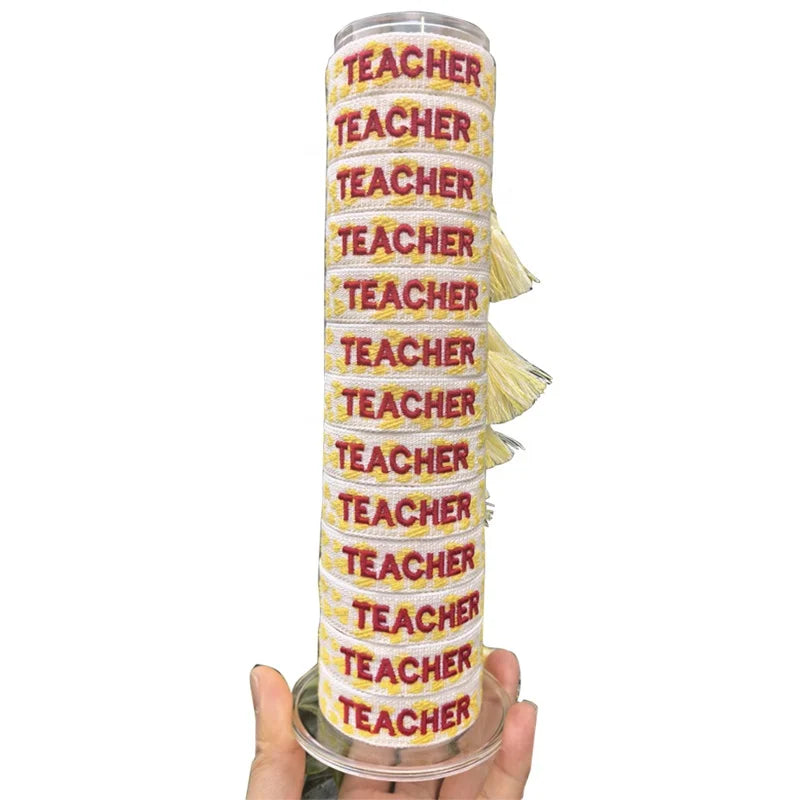 Personalized Custom Name Red Teacher Supplies Charm Fabric Woven Embroidery Letter Bracelet
