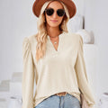 Autumn/Winter New Solid V-Neck Jacquard Long Sleeve Loose T-shirt Top for Women