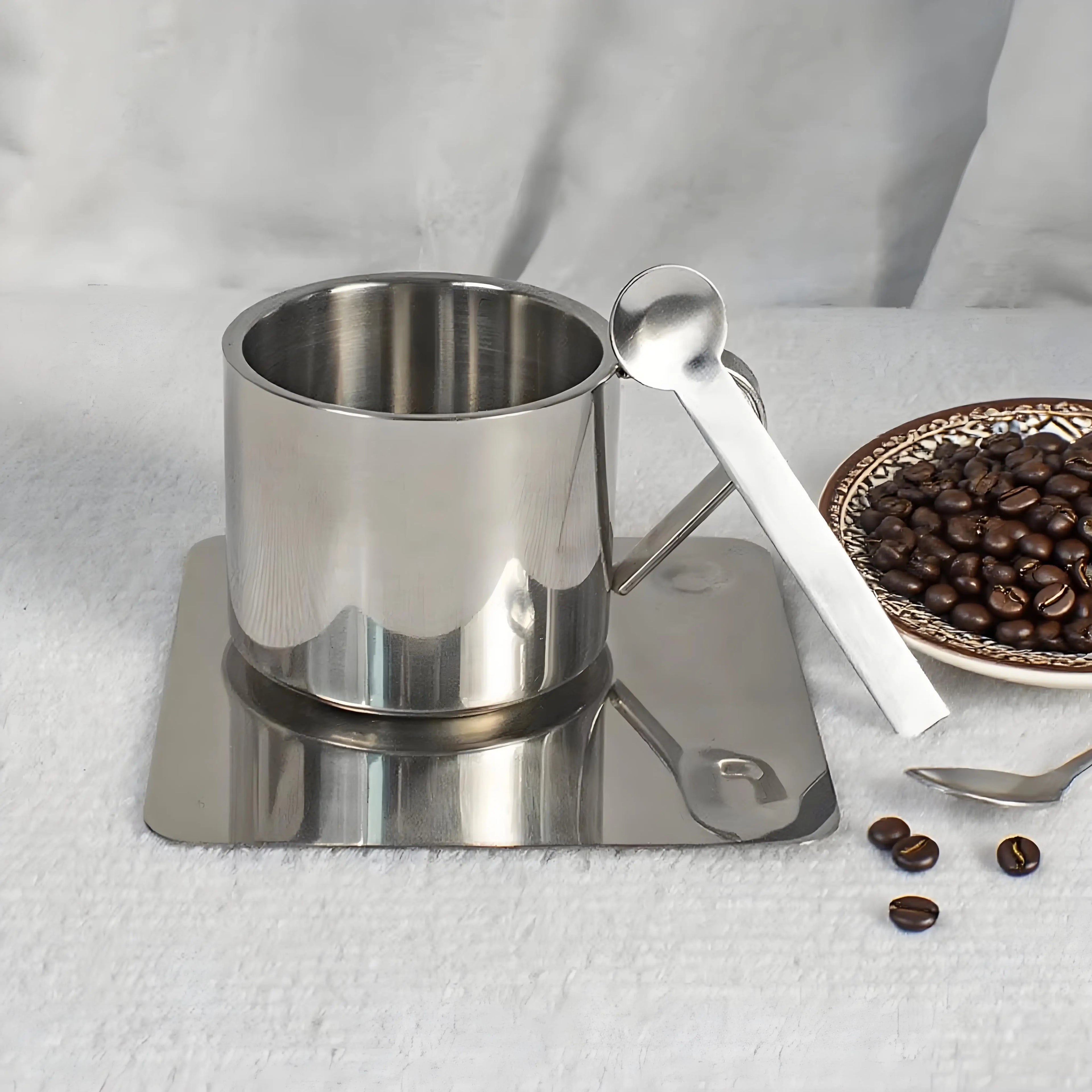 Modern Stainless Steel Coffee Cup Set Handcrafted Italian Water Cup Creative Simple Saucer for Milk Tea Drinkware Customizable