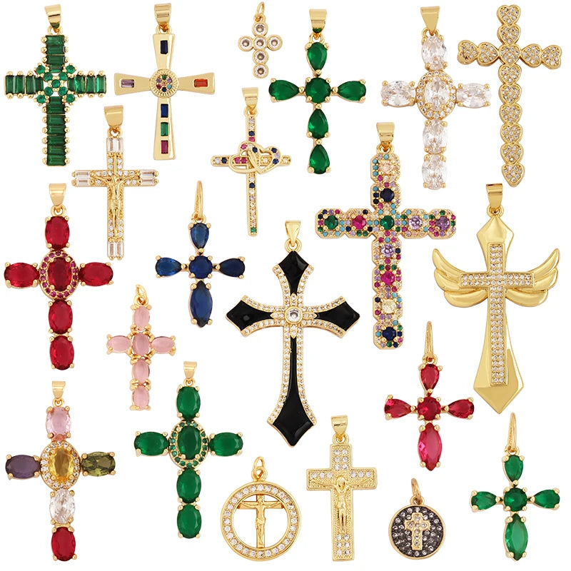 Cross Religious Style Charm PendantGold Plated Inlaid Colorful Cubic Zirconia Jewelry Necklace Bracelet Accessories Supply M51