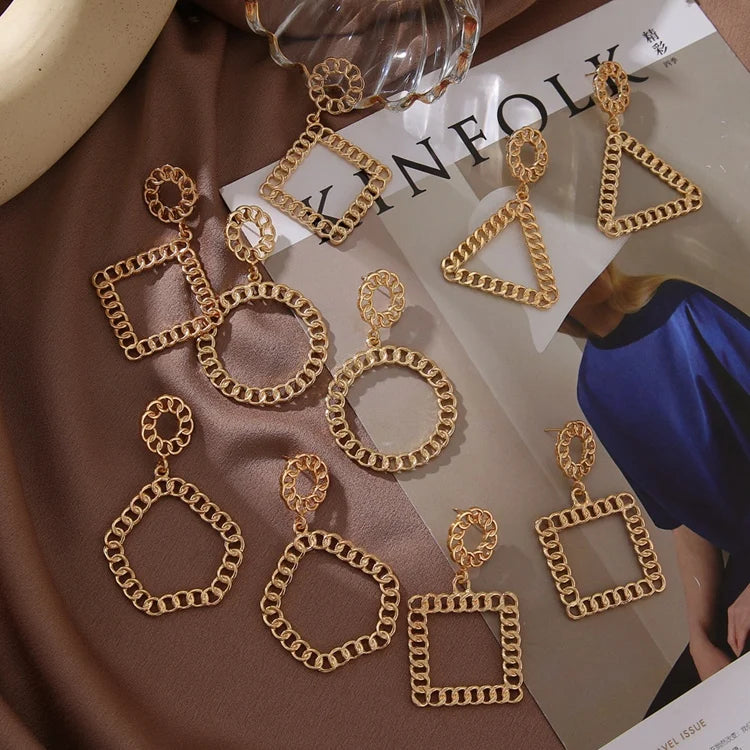 HSJ-149 Fashion Simple Alloy Stud Earring Women Jewelry Rectangle Triangle Square Round Metal Big  Hoop Chain Geometric Earrings