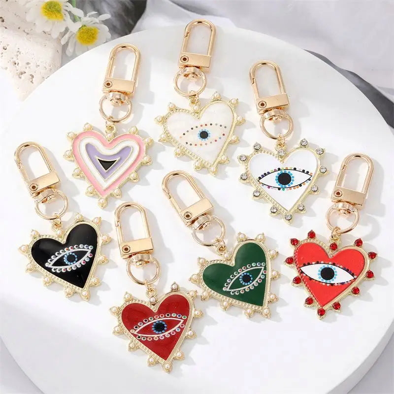 Rainbow Pearl Heart Evil Eye Couple Keychain Friend Lovers Gift Blue Eye Charm Keyring Valentines Day Key Chain Evil Eye Jewelry