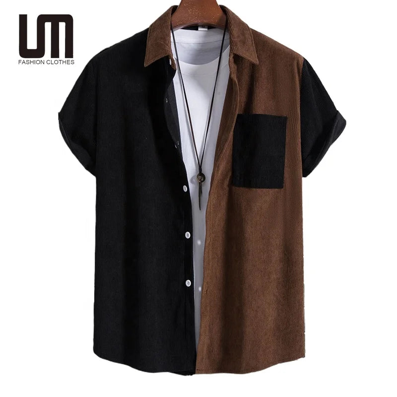 Liu Ming Oem Hot Selling Wholesale Summer Men s Clothing Fashion Patchwork Color Pocket Casual Short Sleeve Corduroy Shirt