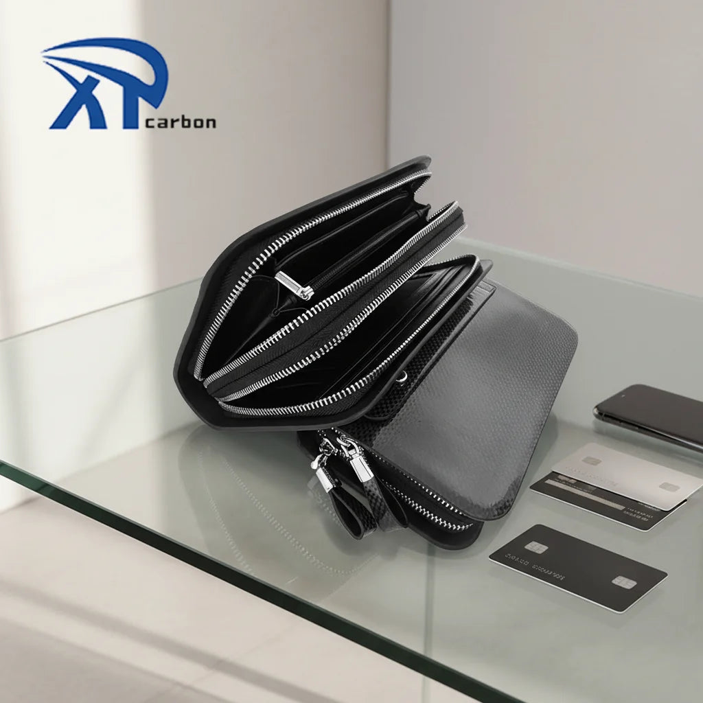 Wallet the Best Father's Day Gift Real Carbon Fiber with Genuine Leather Black PU Long Unisex Money Card Holder 3 Days Zipper