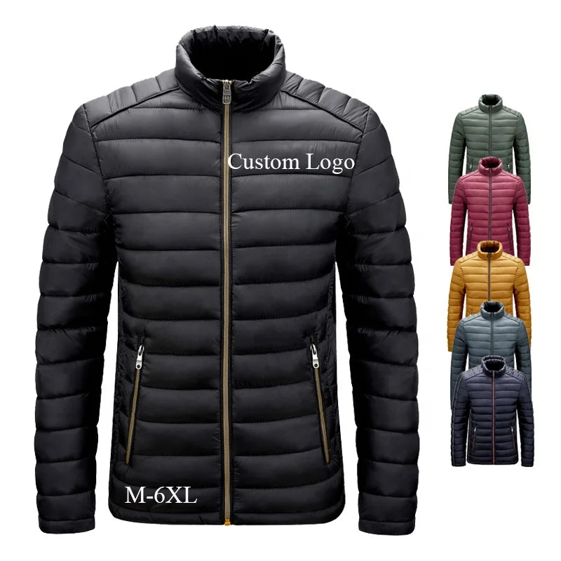 Custom logo Men's Puffer Jacket Waterproof With Zipper Quilted and Embroidered Logo Bubble Solid Color Winter Down Jacket