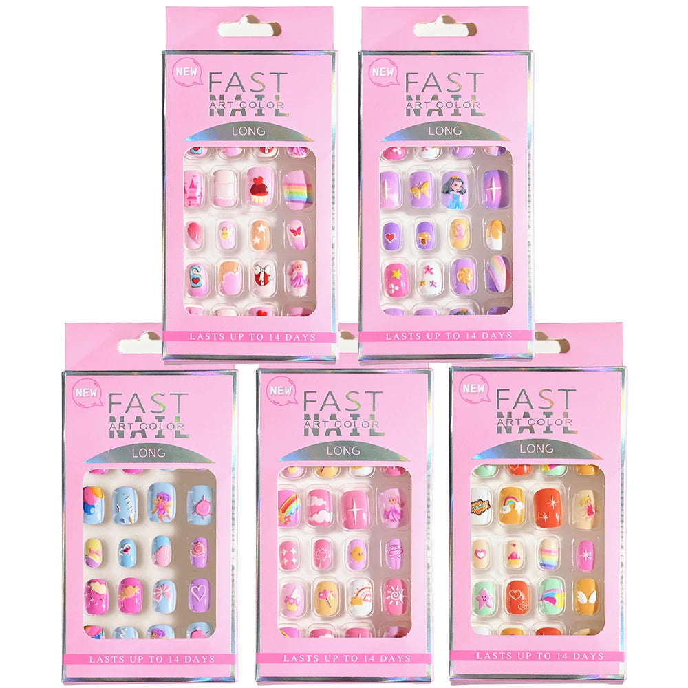 24pcs/box Children Acrylic Fake Nails Press on Cute Pre-glue Full Cover Glitter Rainbow Short Kids Stick on False Nail Tips