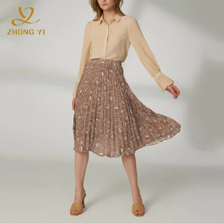 Custom Temperament Ladies 2 Piece High Waist Large Hem Skirts for Design Women Pleated Shirt Tops Mid Length Bust Skirts Set