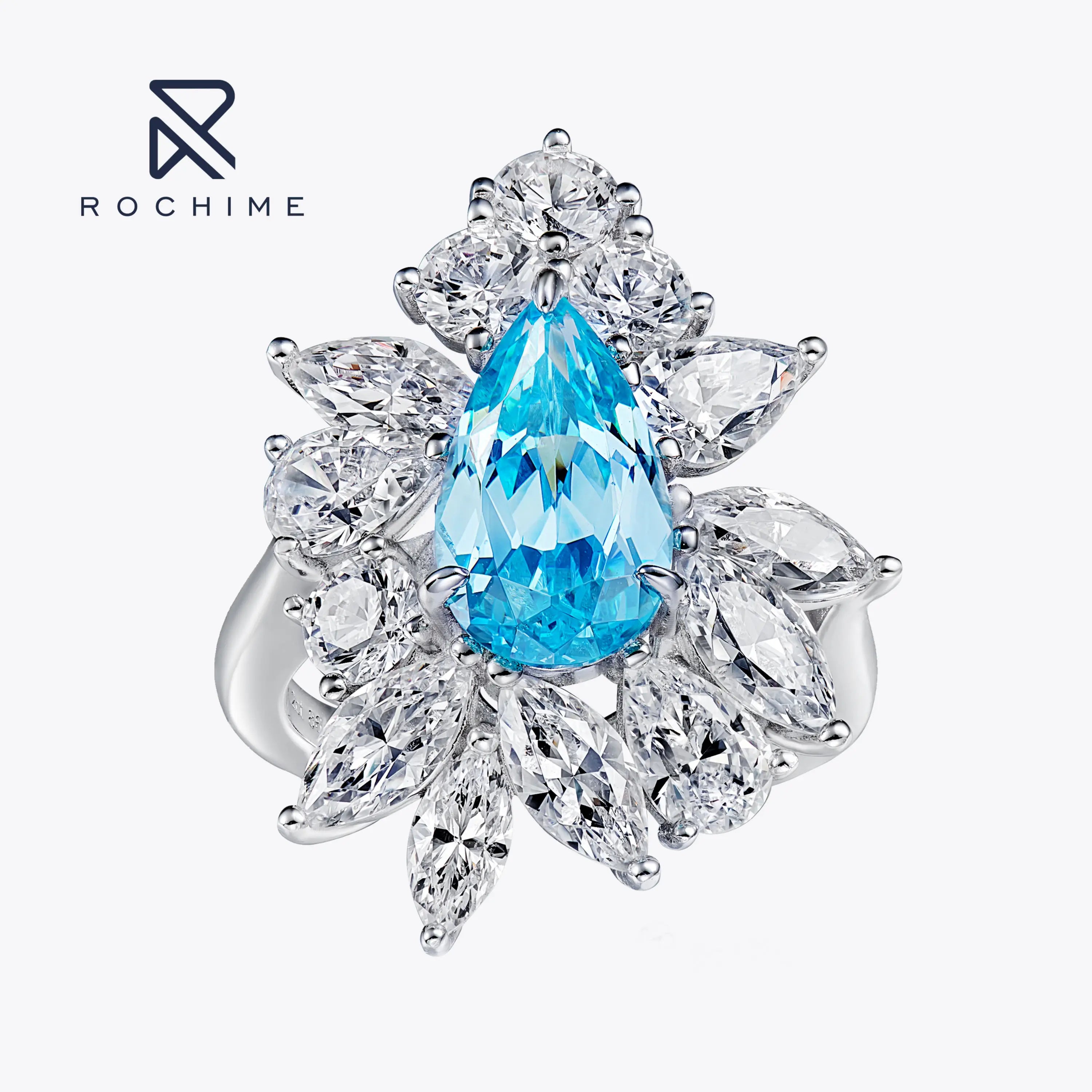 Rochime Fashion Jewelry Luxury Aquamarine Rings 925 Sterling Silver Rhodium Plated Luxury Fine Jewelry Zircon Ring for Women
