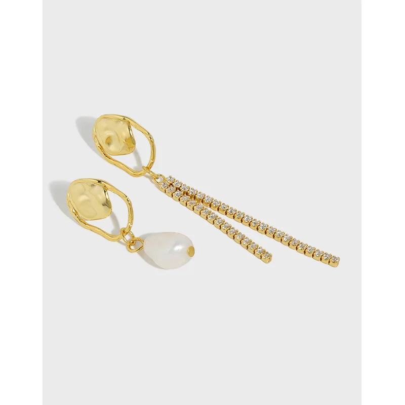 925 Sterling Silver Asymmetric Tassel Earrings Irregular Baroque Pearl Earrings Zircon Drop Earrings Women Luxury Jewelry