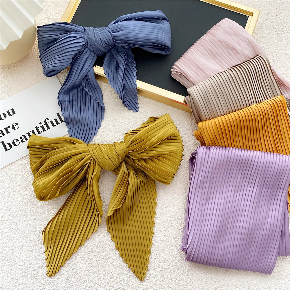 Custom Printing Girls Head Pleated Silk Scarves Fashion Caramel Solid Color Satin Silk Crinkle Square Neck Scarf for Women