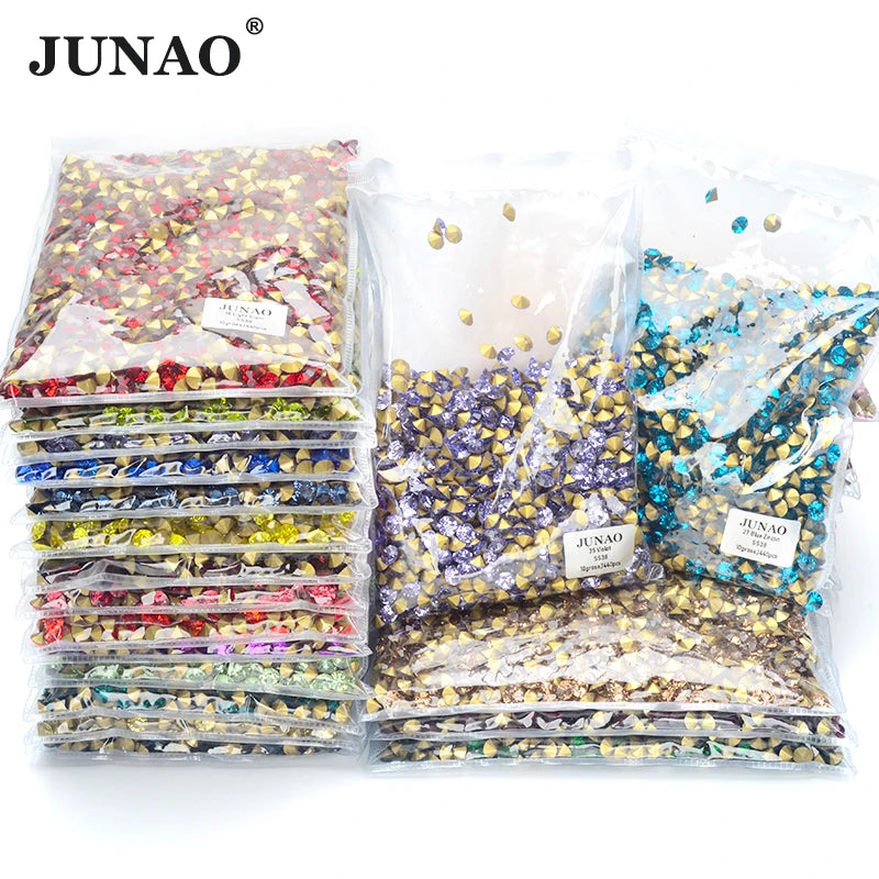 JUNAO Bulk Bag SS3-SS38 Point Back Crystal Nail Art Rhinestones Glass Beads Violet Gold Base Pointback Stone for Clothes Jewelry