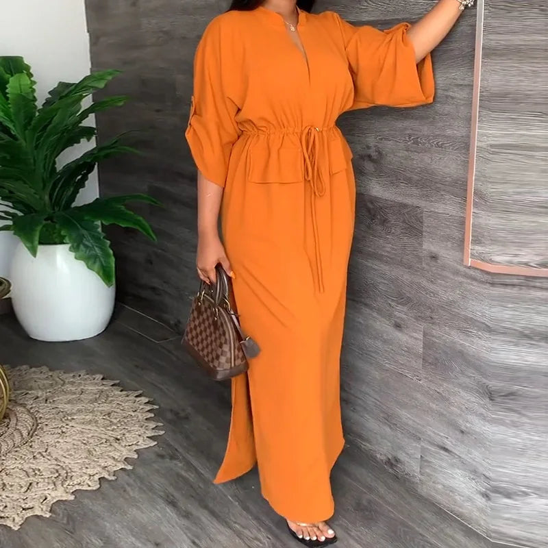 2024 Women's Casual Solid Slit African Dress New Lady's Summer Half Sleeve Maxi Dress with Drawstring Waist Casual Dresses