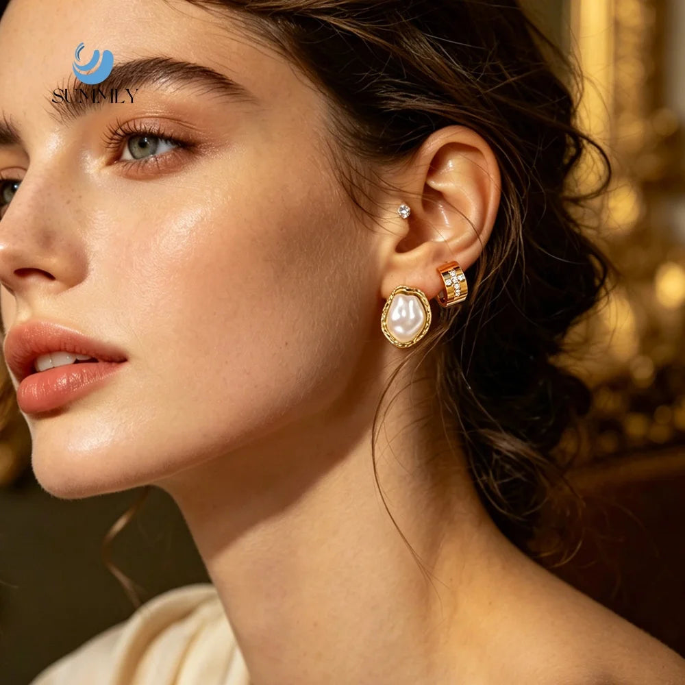 SUMMLY Trendy Elegant Baroque Pearl Stud Earrings 18K Gold Plated Stainless Steel Waterproof Earrings Fashion Jewelry Wholesale