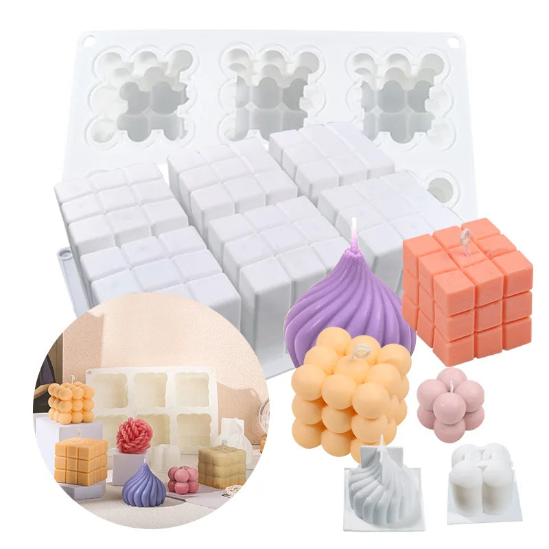 HY 6 Cavity Geometric Magic Cube Bubble Cube Mold for Candle Soap Resin Casting Making Cake Decoration