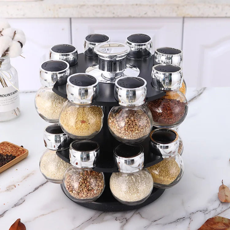 Wholesale 16-Jar Masala Revolving Tower Spice Rack Set Private Label Kitchen Countertop Shaker Lid 200ml Seasoning Pepper Box