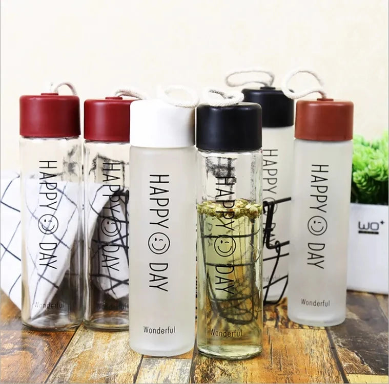 Free Sample 350ml Promotional Portable Frosted Glass Water Bottle with String Logo