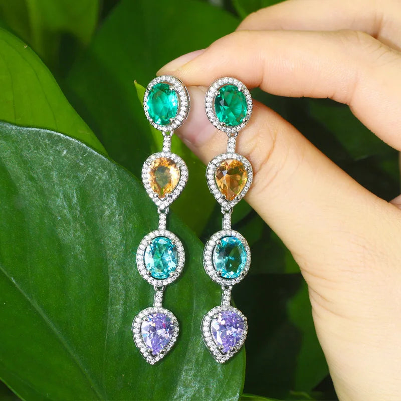 Elegant Shiny Green Blue Cubic Zircon Crystal Dangling Long Water Drop Ear Line Earrings Trendy Ladies Boho Party Jewelry