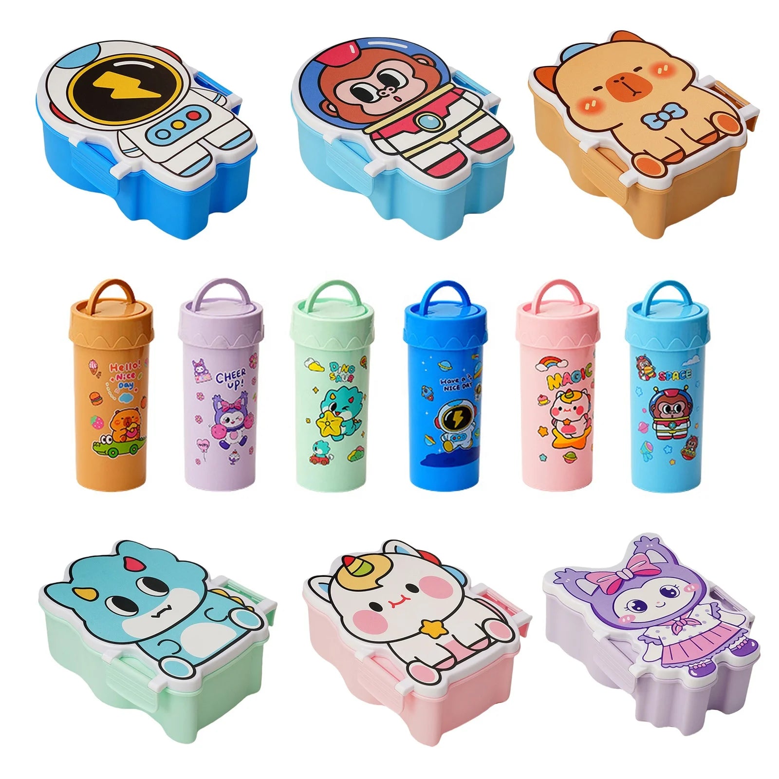 Factory Wholesale Cute Cartoon Design Children's Eco-Friendly Plastic Compartments Lunch Box with Cup Bento Box Set for School