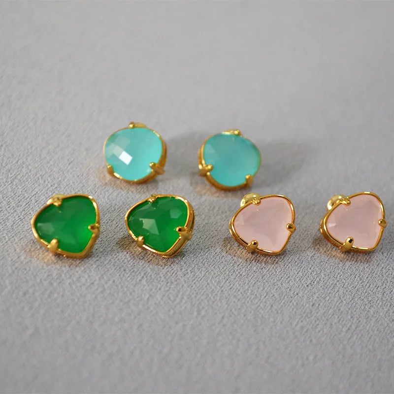 Handmade Fashion Brass with Gold Plated 925 Silver Pin Natural Gem Stone Stud Earring Jewelry Women Earrings