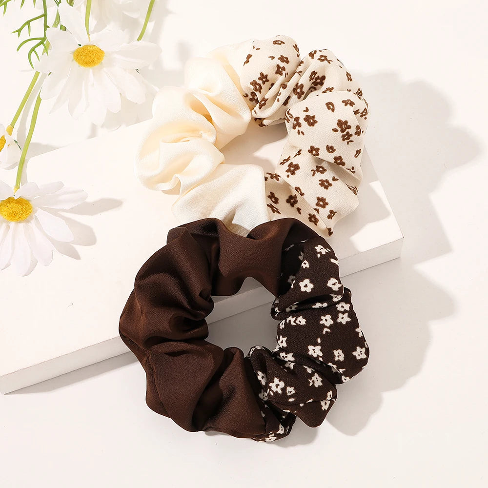 New Design Fashion Satin Hair Scrunchies Solid and Floral Printing Soft Cloth Rubber Elastic Ties for Girls and Women