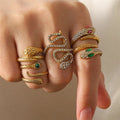 Vintage Style Titanium Steel Open Ring with Zircon Snake Shape for Women's Advanced Stainless Steel Gold Ring