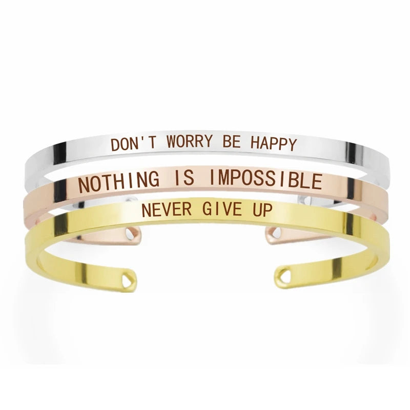 Bible " Nothing Is Impossible " Laser Engraved Words Cuff Bracelet Women Metal bar Bangle Inspirational Quotes Gift