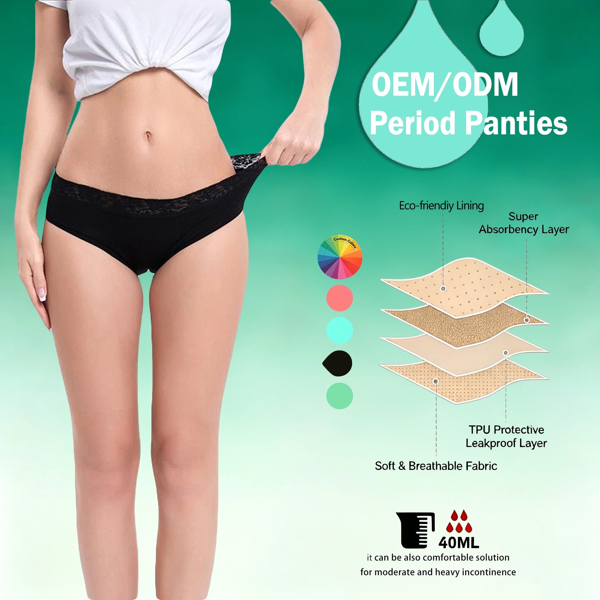 Shanhao OEM Menstrual Panties Lace Leakproof Absorbent 4-Layer Extra Padding Lining Solid for Period Underwear for Heavy Flow