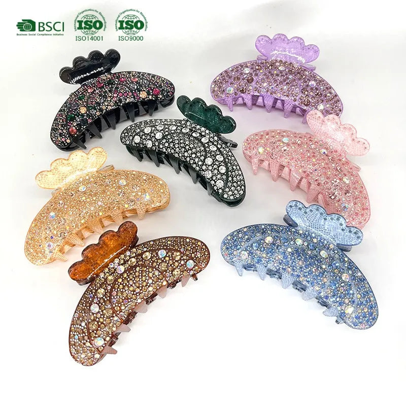 BSCI Factory YHJ Wholesale Custom Women Hair Claw Clips Light Luxury Retro High-end Rhinestone Acetate Claw Clips Hair Claw