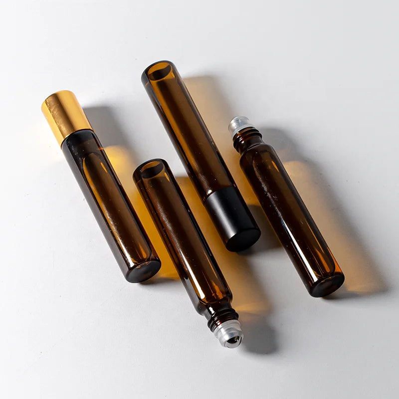 10ml Frosted Amber Glass Roller Bottle Empty Perfume Cylinder Packaging with Hot Stamping Roll-On Bottle Design