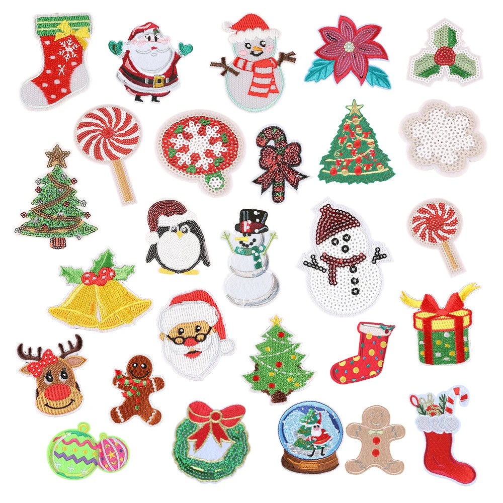 Yiwu Wintop Hot Sale Cute Xmas Decoration Iron on Embroidery Sequin Christmas Patches for Clothes