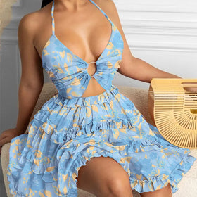 S-3XL Summer Hollow Lace V-Neck Dress Temperament Hanging Neck Printed Strap Y2K Dress