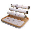 Golden Three-Layer Jewelry Storage Rack Bamboo Ring Earrings Tray Cabinet with Pouch and Bag Display for Bracelets Wholesale