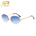 STORY T215 Retro Fashion Gradient Blue Lens Frameless Sunglasses Vintage Oval Rimless Sun Glasses for Men Women