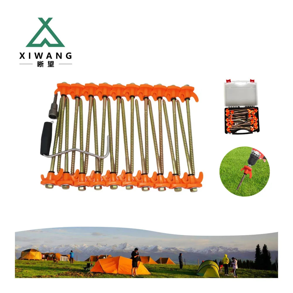 Camping Accessories TP3008 20 PCS Pack in Plastic Storage Box 20.5cm Steel Screw in Tent Peg Set with 13 mm Hex Socket
