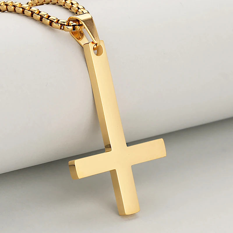 Fashion Waterproof 18K Gold Plated Stainless Steel Upside Down Cross Necklace Inverted Cross Pendant Necklace for Men Women