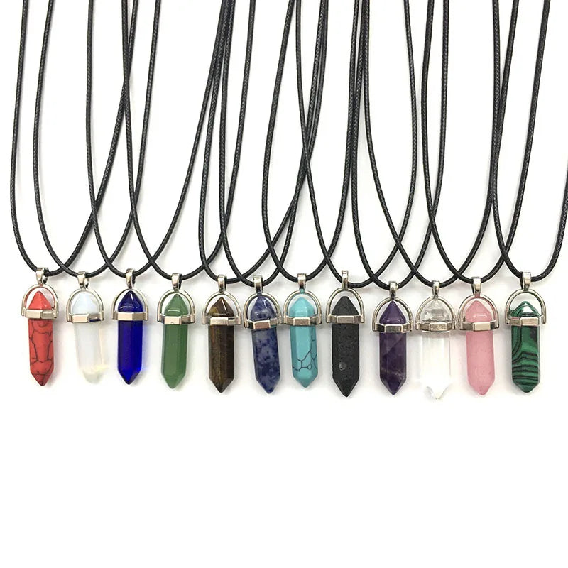 Multicolor Hexagonal Pointed Leather Rope Necklace with Natural Crystal Bullet Pendant Alloy Chains for Gift Wedding or Party