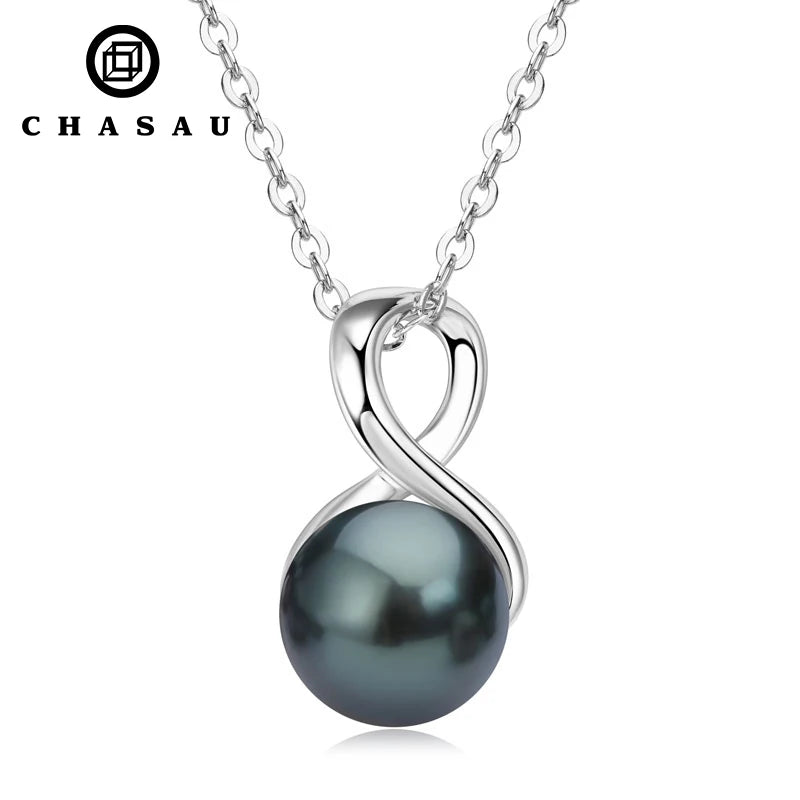 Hot Selling 925 Sterling Silver Fresh Water Pearl Infinity Necklace 9-9.5mm Natural Tahitian Black Pearl for Women