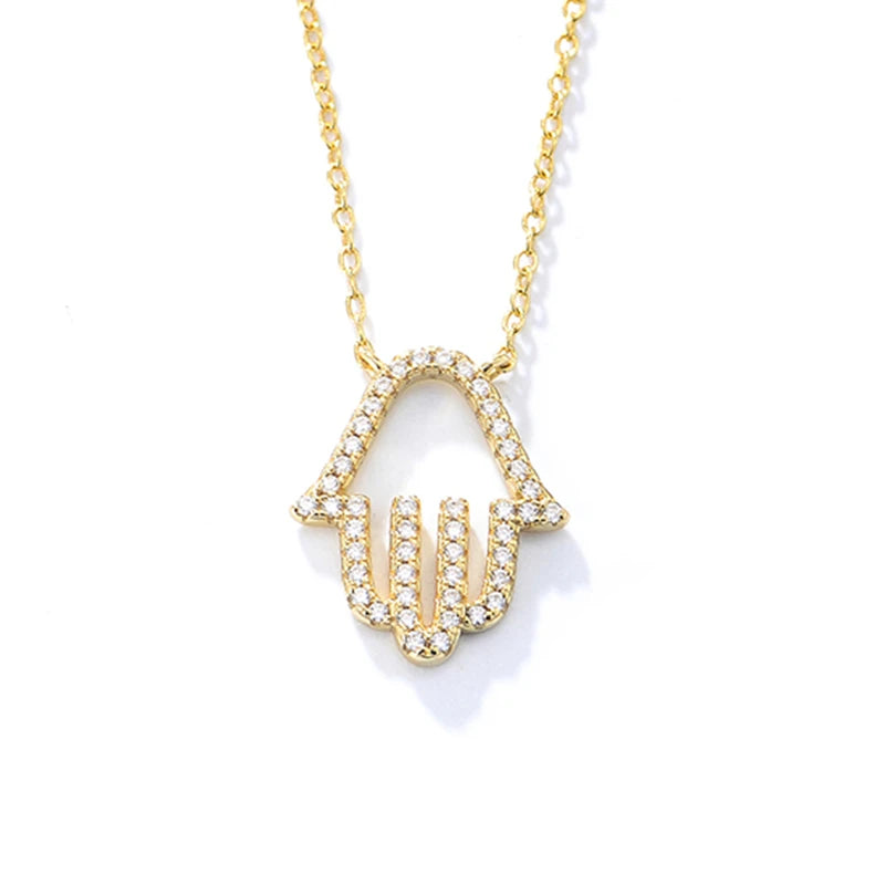 Classic Fashion 925 Sterling Silver 14k Gold Plated Micro Pave Zircon Turkish Hamsa Hand Pendant Necklace